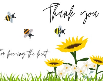 Bumble bee thank you card, printable, diy, sunflower design, appreciation