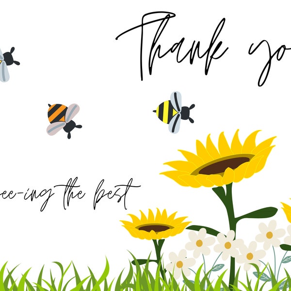 Bumble bee thank you card, printable, diy, sunflower design, appreciation