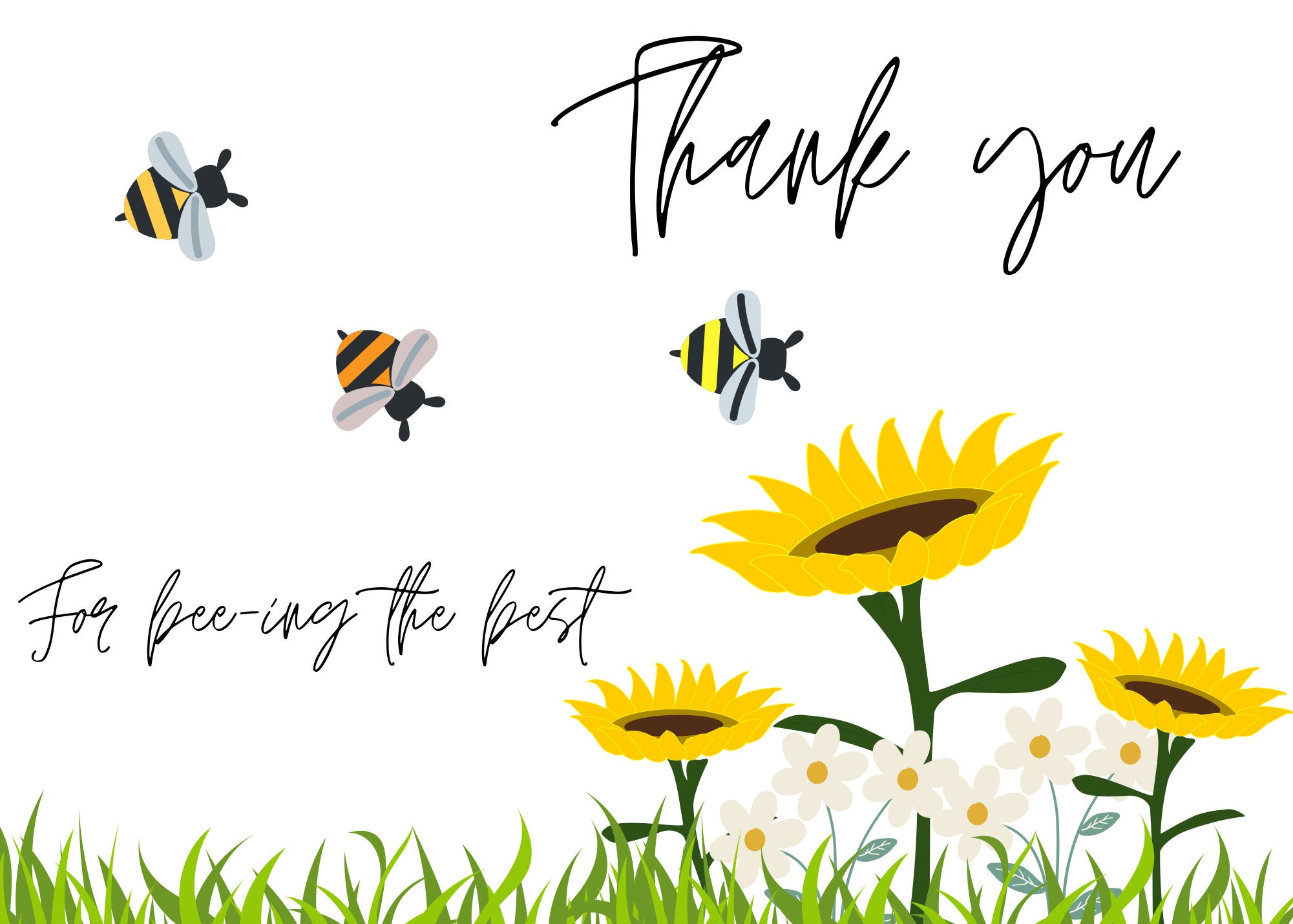 Bumble bee thank you card, printable, diy, sunflower design, appreciation