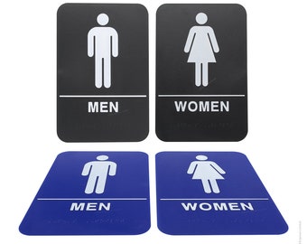 Men & Woman's Braille ADA Restroom Sign Set - Official 6x9 Bathroom Sign with Double Sided Adhesive Tape on Back - White on Black OR Blue