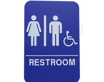 Unisex Braille ADA Restroom Sign For Male, Female & Handicap - 6x9 - with Double Sided Adhesive Tape on Back - White on Blue Background