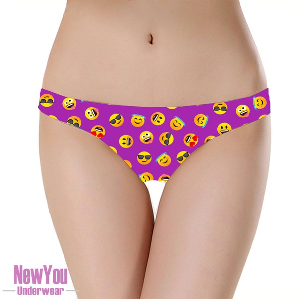 Funny EMOJI Panties or Thong for girlfriend or Partner, Joke Knickers for friends who text txt a lot! Purple fun laughing knickers