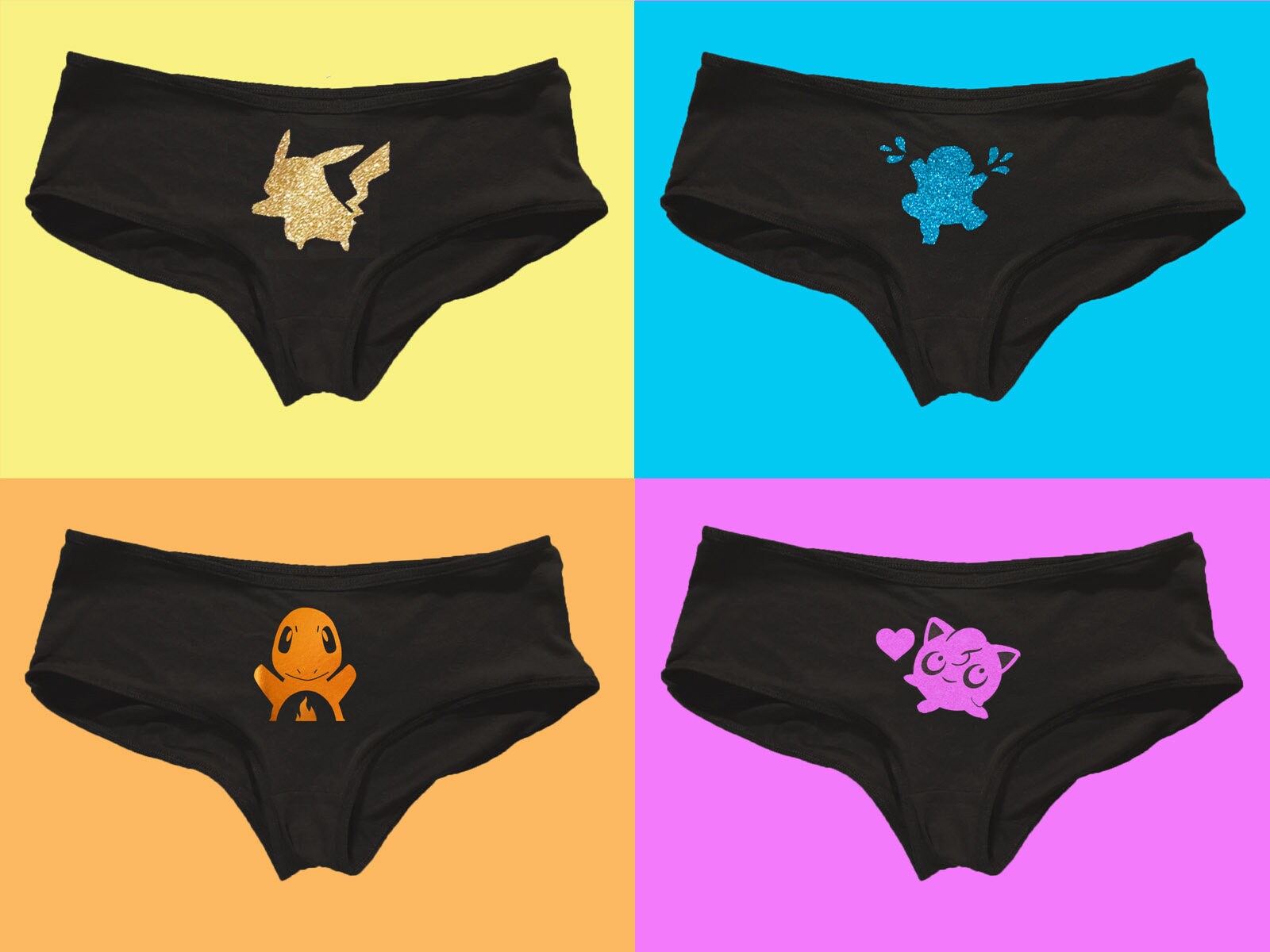 GLITTER POKEMON UNDERWEAR Low Rise Girl Briefs Black Cotton