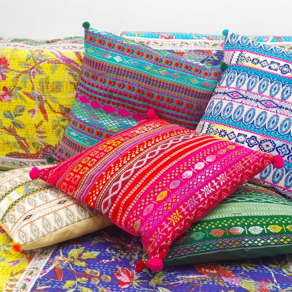Indian Cotton Woven Cushion Covers, Bohemian Handloom Cotton Cushions,Green, Red, Beige, Black Cushions,Floor Cushion Covers 16 Inch / 40 Cm