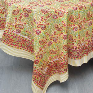 Rectangle Tablecloth Paisley Red & Yellow Bouquet Indian Block Printed Table Cloth, Cotton Table Cover 60 x 90 inches, Gift for New Home