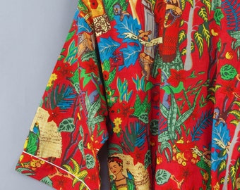 Kimono Robes Dressing Gowns,Frida Kahlo Block Print Light Weight Cotton Long Kimono Bathrobe,Floral Kimono Gift For Her