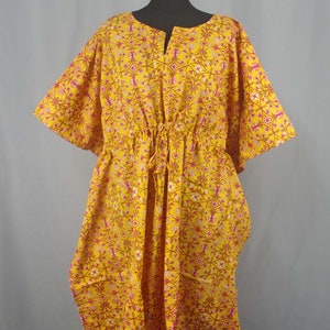 Yellow Short Cotton Kaftan Dress Indian Block printed Summer Kimono Floral Beach Coverup Comfy Maternity Spring