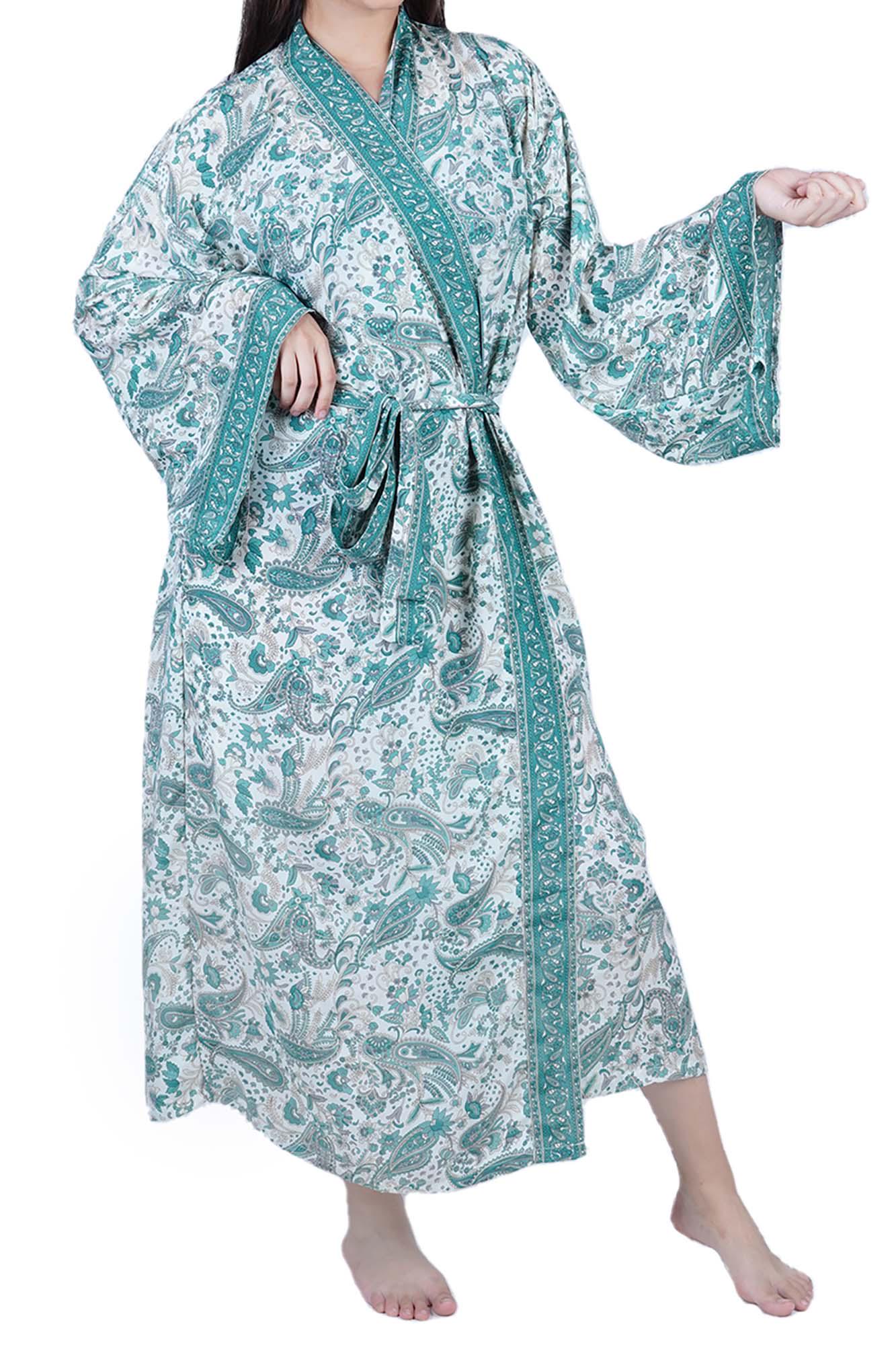 New Luxury Silk Boho Kimono House Robe - Lounge Flowy Gown - Teal Green ...