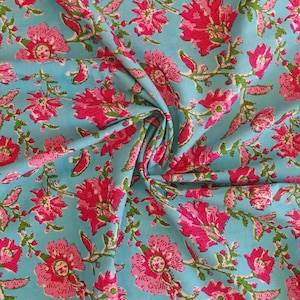 Indian Hand Block Print Soft Fabric Cloth By The Meter, 100 % Pure Cotton Voile Fabric For Dress Making ,Sewing, Crafting, Upholstery
