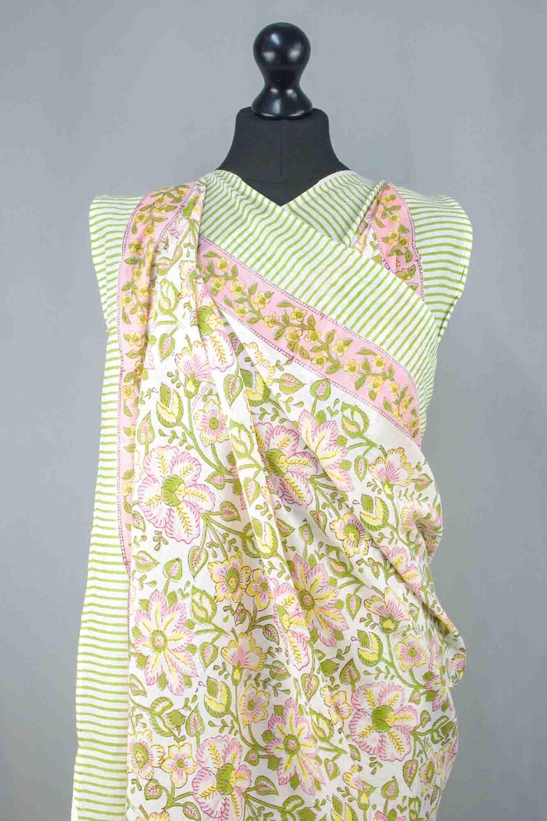 Sarong de algodón suave de gasa con estampado de bloques a mano, bufanda larga, pareo playero de moda, pareo bohemio SR 251 GreenYellow