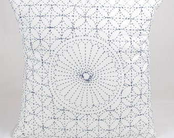 White Nakshi Kantha Cushion Covers, Cotton Decorative Pillow Boho Home Living Decor  16 x 16 inch