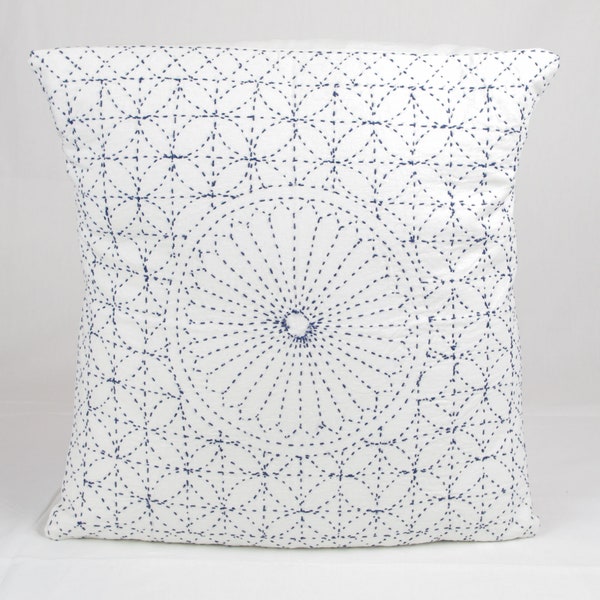 White Nakshi Kantha Cushion Covers, Cotton Decorative Pillow Boho Home Living Decor  16 x 16 inch