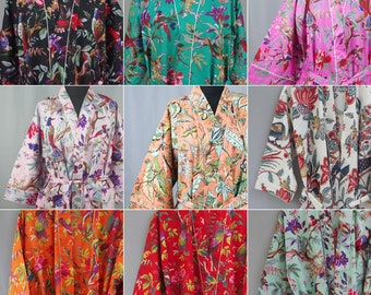 Kimono Robes Dressing Gowns, Tropical Birds Prints Block Print Light Weight Cotton Kimono Bathrobe,Birds & Floral Kimono Gift For Her,Spring