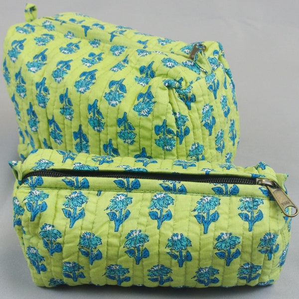 Cotton Quilted Block Printed Toiletry Bags Set, Wash Bags Set of 2 ,Cosmetic bags, Travel Holiday bags