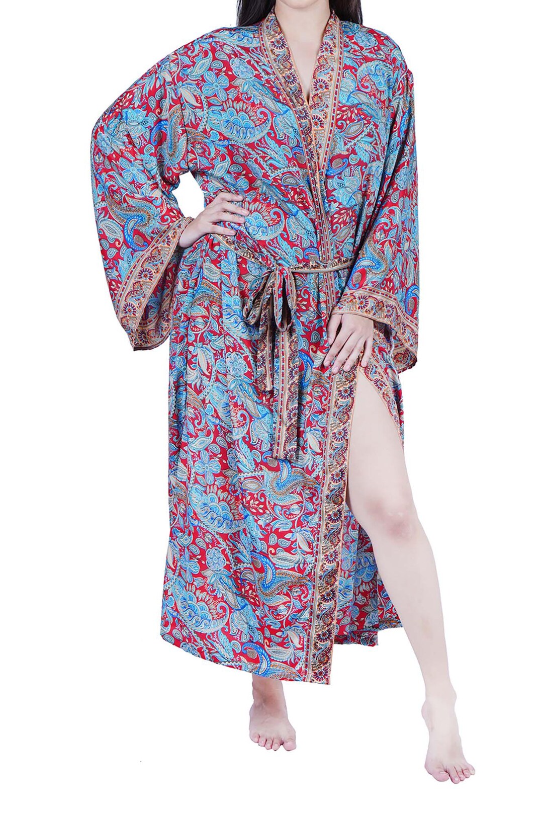 Flowly Robe New Luxury Silk Boho Kimono House Robe - Lounge Flowy Gown - Red & Blue ...