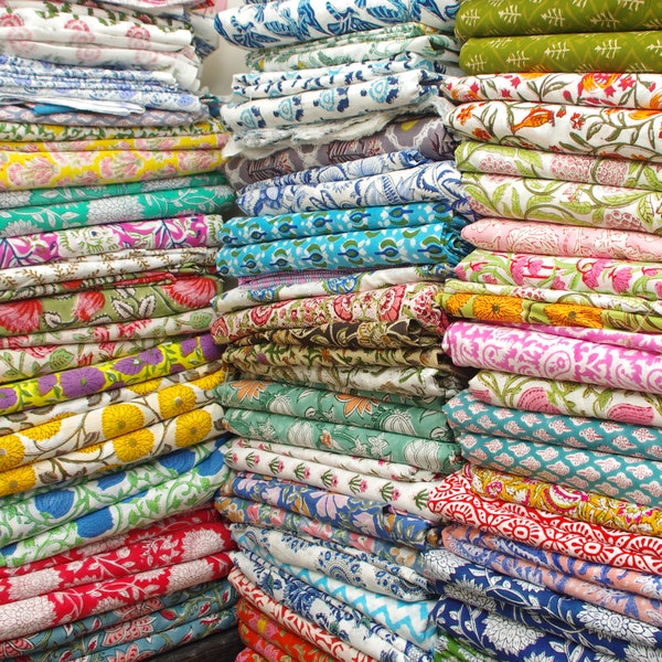 Tissu doux indien imprimé à la main au mètre, tissu voile 100 % pur coton pour la confection de robes, la couture, l'artisanat, la tapisserie d'ameublement