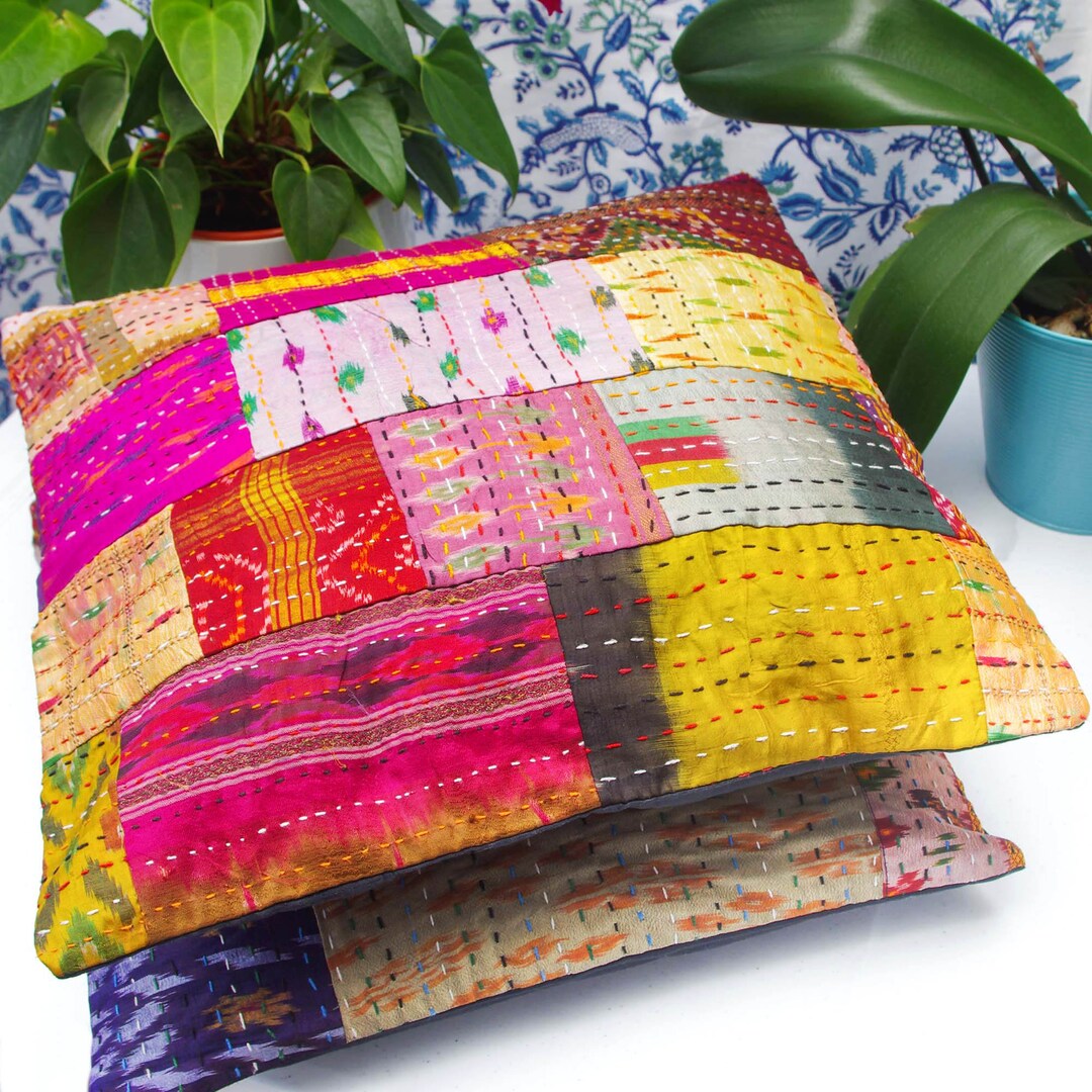 Indian Silk Cushion Covers,silk Kantha Patchwork Cushion Cover 16 & 18