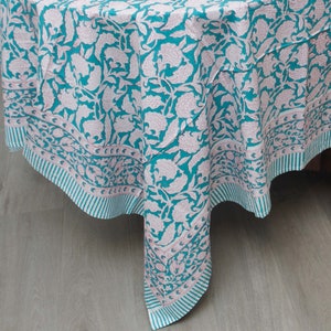 Rectangle Tablecloth,Turquoise Floral Indian Block Printed Table Cloth, Cotton Table Cover 60 x 90 inches, Gift for New Home