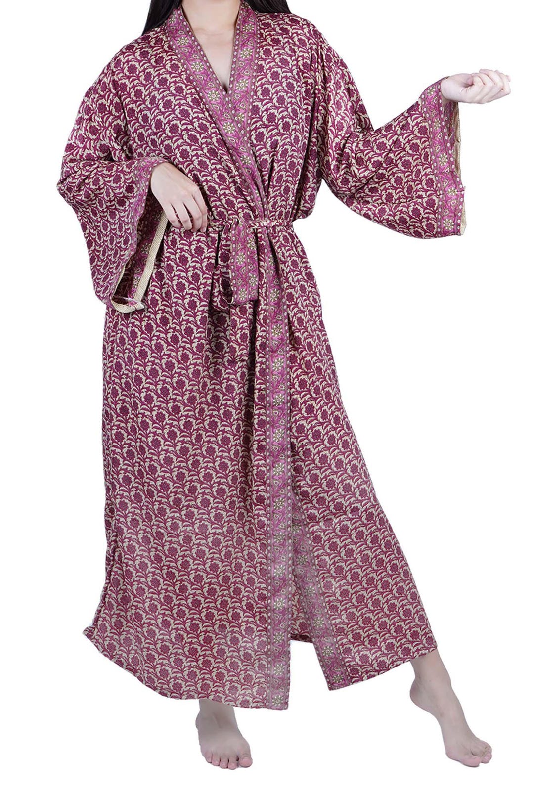 New Luxury Silk Boho Kimono House Robe - Lounge Flowy Gown - Maroon ...