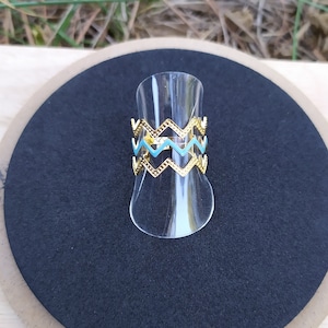 Adjustable boho style gold steel ring, adjustable steel ring, boho ring, ethnic ring, gold steel ring, gold and blue ring, chevron