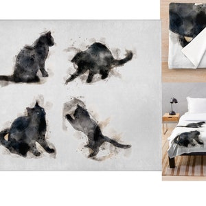 黒猫ブランケット、遊び心のある水彩画風の黒猫が描かれた柔らかいフリースのスローブランケット、猫好きへのギフト、心地よい黒猫のスローブランケット、ペット用ブランケット