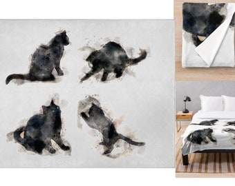 Black cat blanket,  a soft fleece throw blanket with playful watercolour style black cats, cat lover gift, cosy black cat throw, pet blanket