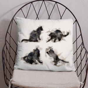 Black cat throw pillow, cute watercolour style black cat cushion, elegant black cats playing | cat lover gift | halloween black cat pillow