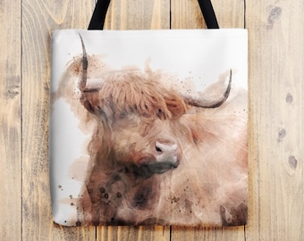 Highland cow tote bag in a watercolour style | Scottish gifts | Hairy cow | Highland coo bag