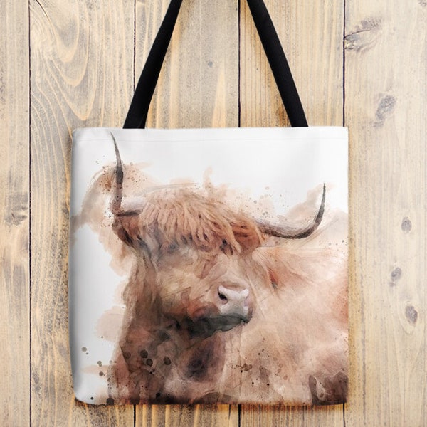 Sac fourre-tout de vache de montagne dans un modèle d'aquarelle Cadeaux écossais Vache poilue Sac de coo Highland