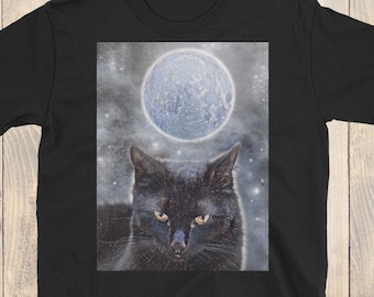 Black cat t-shirt, celestial space cat and moon shirt, a gothic /witchy / halloween gift for a cat lover