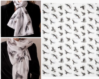 Crow scarf, polyester chiffon scarf / shawl of watercolour style birds flying | animal art | gothic scarf goth accessory