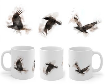 Tazza di corvo, una tazza gotica in stile acquerello con corvi volanti / Corvidi, regalo di corvo, tazza di corvo, arte animale