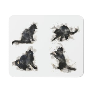 May include: Four black cats in different poses are depicted in a watercolor style on a white background. The cats are rendered in shades of gray and black, with subtle watercolor washes creating a soft, ethereal effect.