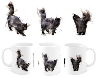 Fluffy black cat mug, a watercolour style mug design featuring a long haired black cat | cat lover gift