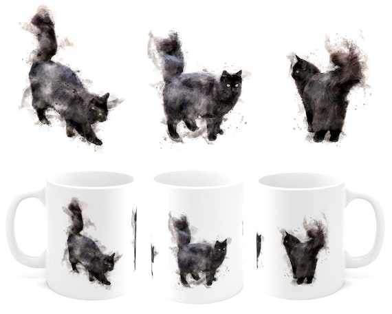 Fluffy black cat mug, a watercolour style mug design featuring a long haired black cat | cat lover gift