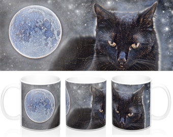 Black cat mug- a celestial black cat and moon on a starry ceramic mug, a perfect witchy gothic gift for halloween