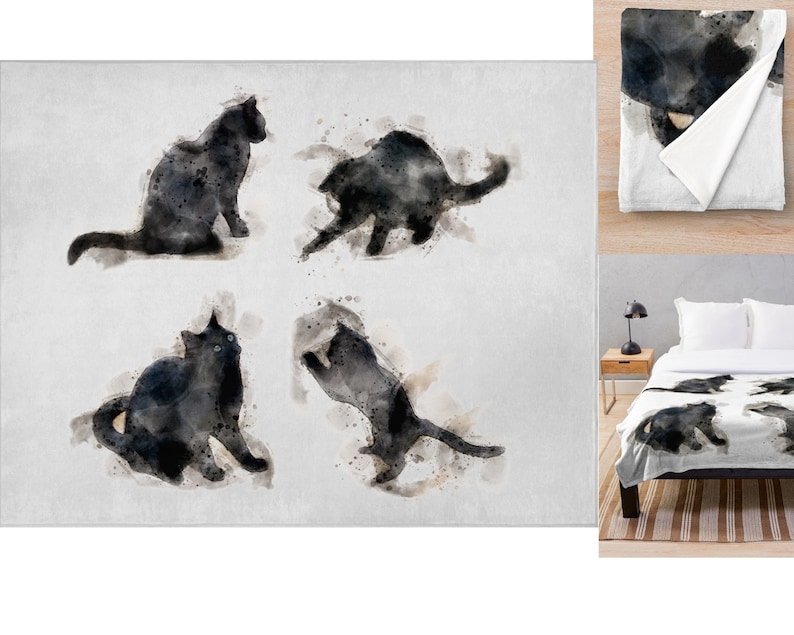 May include: A watercolor painting of five black cats in different poses. The cats are painted in shades of gray and black, with a white background. The painting has a soft, dreamy feel.