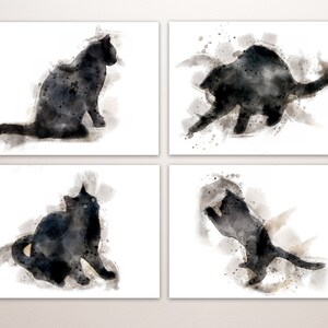 Black cat watercolour style prints, art of playful black cats | animal art cat lover gift