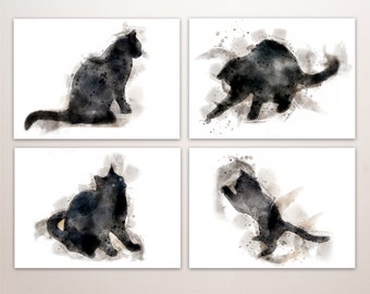 Black cat watercolour style prints, art of playful black cats | animal art cat lover gift