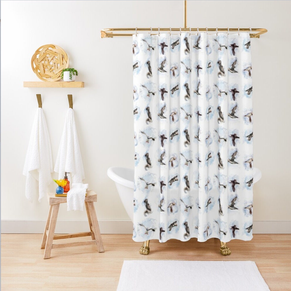 Puffin shower curtain cute watercolour style flying sea birds Etsy