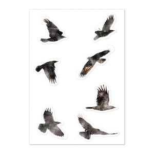 May include: Six watercolor illustrations of crows in flight. The crows are depicted in shades of gray and black, with some brown accents. The crows are flying in different directions, with their wings spread out.