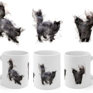 ふわふわの黒猫マグカップ、長い毛の黒猫を描いた水彩画風のマグカップデザイン | 猫好きへのギフト