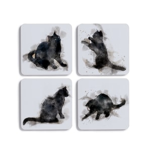 黒猫コースター、水彩風の遊び心のある黒猫のコースターセット | 猫コースター | かわいいコースター | 猫好きへのギフト
