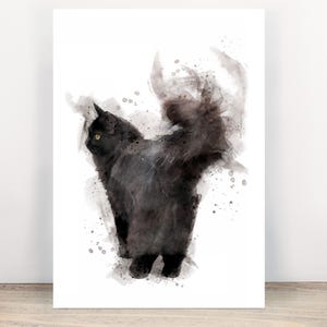 Pluizige zwarte kat - een schattige print in aquarelstijl | zwarte kattenprint | langharige kat | kattenliefhebber kunst