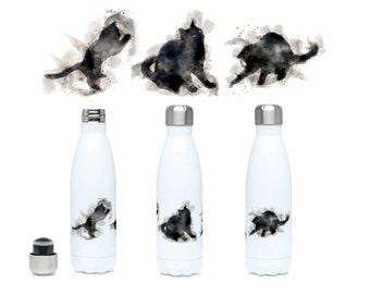Black cat water bottle, a watercolour style stainless steel water bottle | cat lover gift | eco-friendly water bottle | insulated bottle