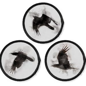 Raven iron-on or sew-on patches | gothic watercolour style ravens | bird patches | corvid patches | gothic patch