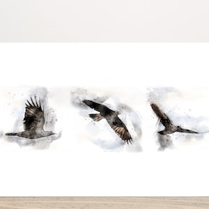 Peut inclure: Une peinture à l'aquarelle de trois oiseaux noirs en vol sur un fond blanc. Les oiseaux sont peints dans un style réaliste avec des lignes douces et fluides.