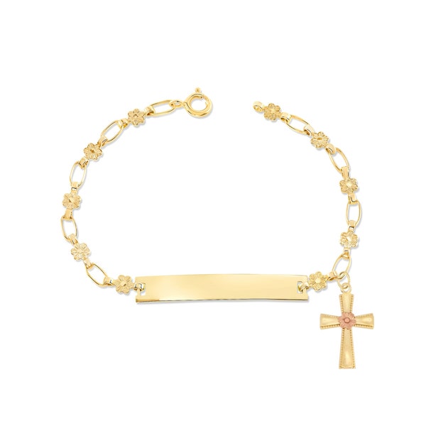 Custom Charm Bracelet Personalized 14K Yellow Gold Daisy Chain  ID Bracelet with Cross Charm, Size 6-8"