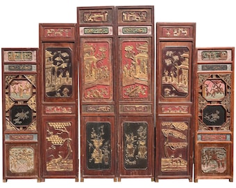 Tallado en seis paneles ——SOLD—— Pantalla de aderezo de madera china policromada y dorada o cabecero