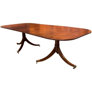 SOLD******* 20th Century English Yew Wood Double Pedestal Dining Table with One Leaf